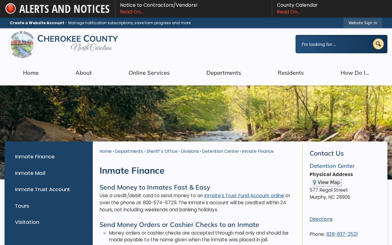 Cherokee County arrest custody inmate finance information