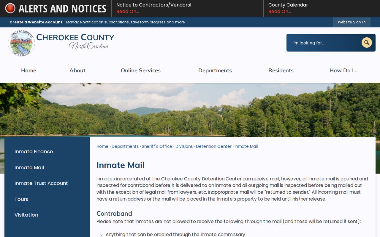 Cherokee County arrest custody scanned inmate mail rules