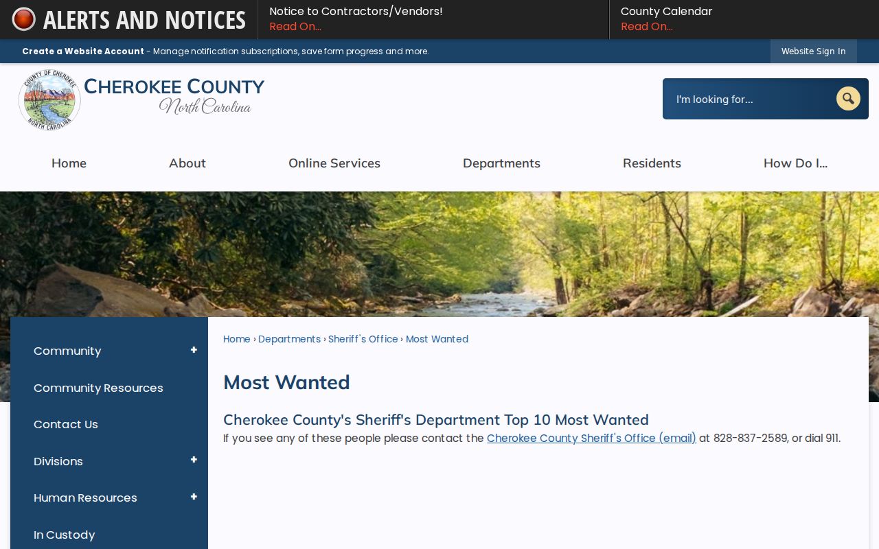 Cherokee County criminal warrant records Most Wanted page