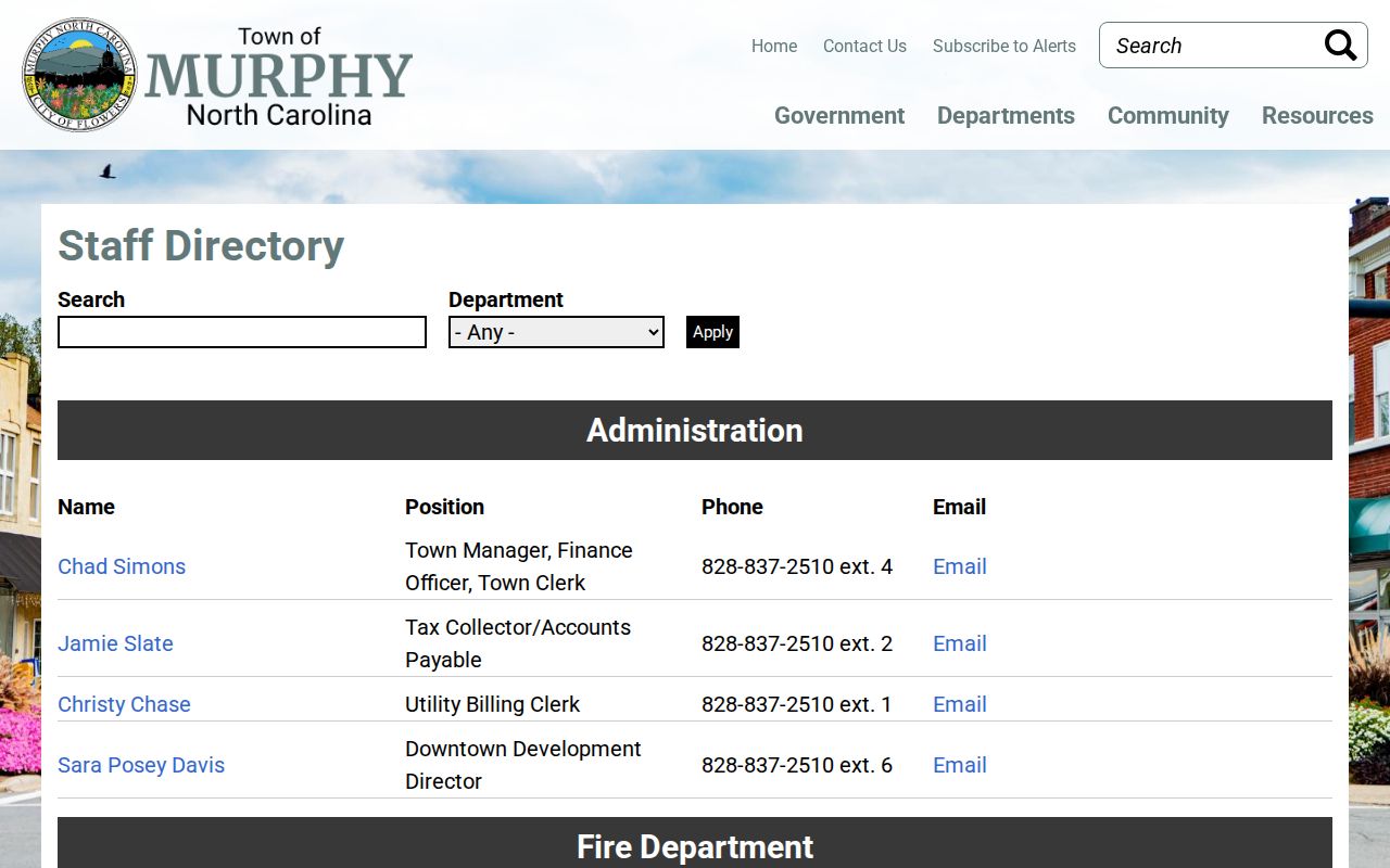 Official Town of Murphy directory listing for Murphy Police contacts